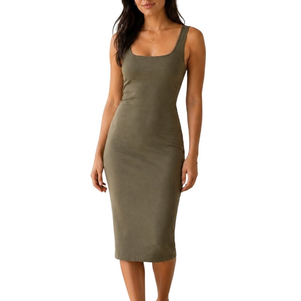 Olive Green Sleeveless Midi Dress XL Stretch 90s Minimalist Casual